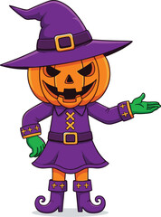 Cartoon pumpkin-headed character in witch costume with hat, smiling face, Halloween theme, spooky fun, festive vector illustration for kids