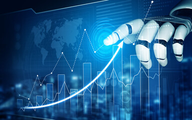 A futuristic robot hand interacts with a digital graph displaying data trends, set against a blue background featuring a world map, symbolizing innovation and technology advancements. Scalp