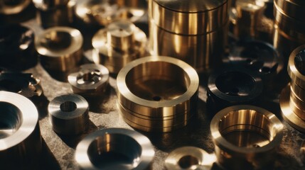 Detailed Collection of Industrial Metal Components Displayed in a Workshop Setting with Intricate Patterns and Textures Illuminated by Warm Lighting for Creative Projects