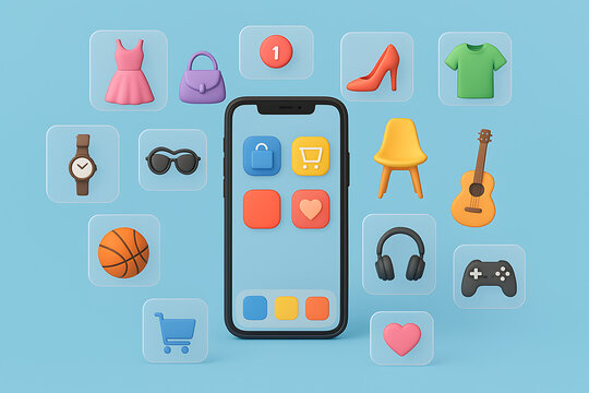 Mobile shopping app interface with 3d rendered flying product icons representing online retail purchase experience and digital commerce technology