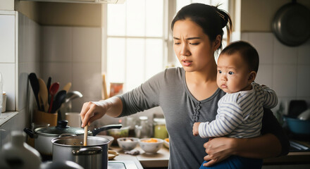A visibly stressed mother cooking and stirring a pot while holding her infant baby in the kitchen. Used for motherhood reality, multitasking, and parental stress themes.