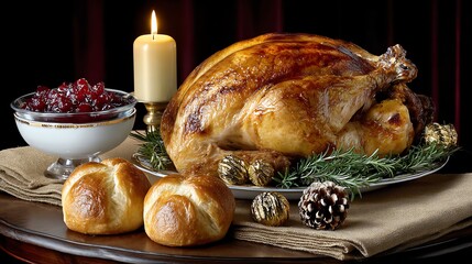 Festive Holiday Turkey Dinner with Cranberry Sauce and Dinner Rolls