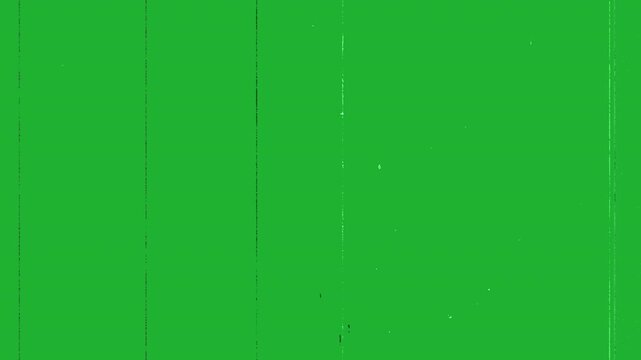 Old scratched vintage film strip overlay with visible vertical scratches, dust, and noise on a green screen background for easy compositing and editing