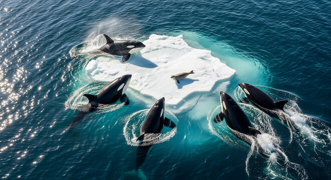 An aerial view of a pod of Orcas circling an ice floe with a single seal, demonstrating wave-washing behavior. Ideal for wildlife, nature documentaries, and predator strategy themes.
 - Powered by Adobe