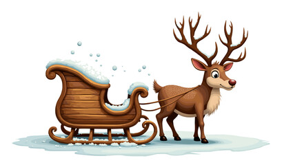 Old sled with snow dust pulled by reindeer with red nose standing on snow white background