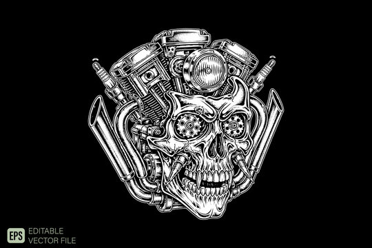 Monochrome Skull with Motorcycle Engine Parts Illustration.