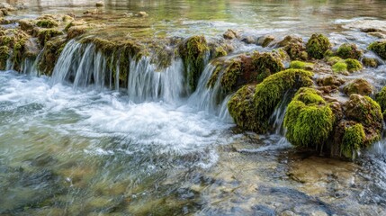 Lush Green Moss and Flowing Water Over a Rocky Stream Creating a Serene Natural Scene in the Heart of a Peaceful Forest Environment
