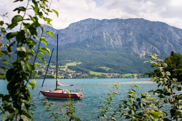 Sailboat on Attersee Lake with mountain view, Austria
