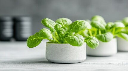 Obraz premium Fresh green spinach plants growing in white pots on a grey surface, representing urban farming and healthy living.