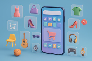 Blue smartphone showing e-commerce app interface surrounded by abstract 3d icons of fashion accessories and lifestyle products for digital marketing