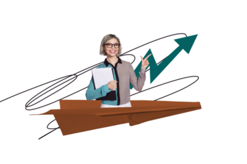 Composite photo collage of happy girl point arrow development paper plane progress hold clipboard success isolated on painted background