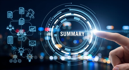 Hand Touching Futuristic Summary Interface with Flowchart