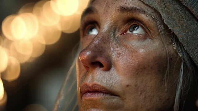 Seeking Hope: A person with weathered skin and tired eyes gazes upward, illuminated by a warm, blurred glow, reflecting the quest for optimism and resilience.