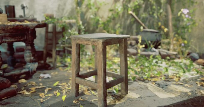 A rustic wooden stool stands in an indoor space filled with scattered leaves and various tools. Sunlight filters through, illuminating the charming chaos of the surroundings.