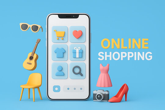 Online shopping 3d text with modern smartphone and floating product icons like dress shoes camera and guitar on a bright blue background
