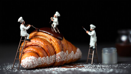 Miniature Chefs Decorating Pastry with Chocolate Sauce – Creative Food Art Concept