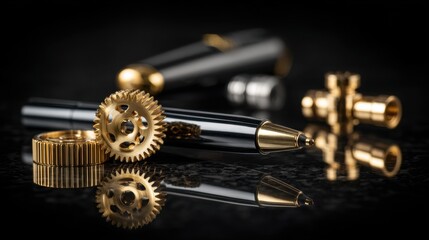 Stylish mechanical pen with golden gear and shiny metal components on a dark reflective surface, showcasing a blend of art and engineering in a professional setting