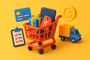 3d red shopping cart filled with gift box credit card clipboard coin and delivery truck representing fast e-commerce logistics and secure payment