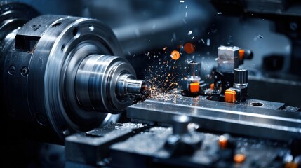 Precision Machining Process in Modern Factory with Sparks Flying from Metal Lathe, Displaying Detail of Machinery in Action and Creating High-Quality Components