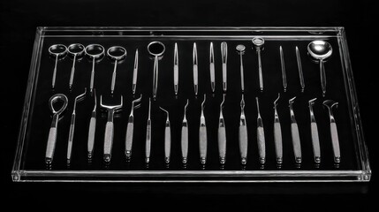 Comprehensive Collection of Dental Instruments Displayed Neatly on a Black Background, Perfect for Medical Illustrations and Educational Purposes Related to Dentistry