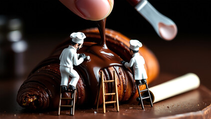 Miniature Chefs Decorating Pastry with Chocolate Sauce – Creative Food Art Concept