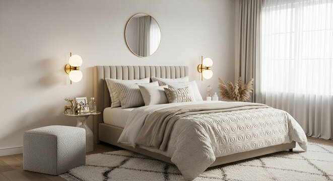 Modern neutral toned bedroom with plush bedding and decor