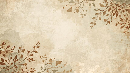 Sepia toned textured background with decorative branches and leaves in corners