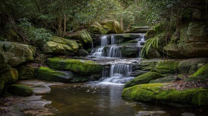 Serene Waterfall Cascading Over Moss-Covered Rocks in a Lush Forest Environment Surrounded by Green Foliage and Natural Beauty