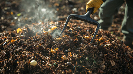 Close-up of a compost pile with steam rising, being turned with a fork. Healthy garden soil and organic matter.