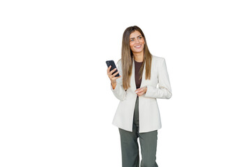 Businesswoman standing, holding smartphone, smiling and looking away, communicating and networking, transparent background