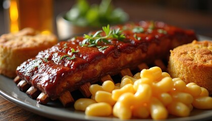 Close up view bbq ribs. Ribs covered with sauce, decorated with herbs. Mac and cheese with cornbread are served as side dishes. Delicious food in restaraunt. Perfect meal for lunch.