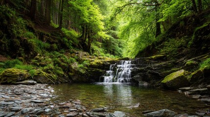 Serene Forest Waterfall Surrounded by Lush Greenery with Reflective Pool in Tranquil Nature Setting, Perfect for Relaxation and Outdoor Enthusiasts