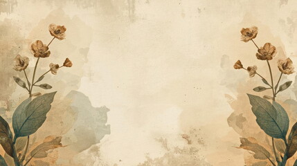 Naklejka premium Vintage botanical illustration of delicate brown flowers and green leaves with a textured background