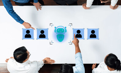A diverse group of professionals engages with AI technology during a business meeting, highlighting an innovative approach to enhance teamwork and productivity. Trope