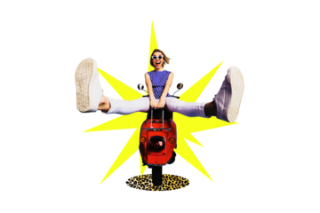 3D collage trend artwork composite sketch poster of travel summer season vacation young woman excited emoji sit motorbike transport