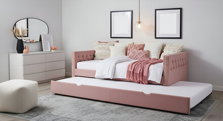 Pink Daybed with Pull- Out Trundle and Cozy Pillows