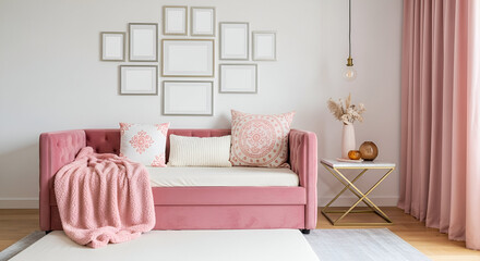 Pink Daybed with Decorative Pillows and Blanket interior