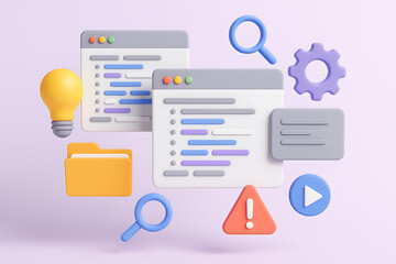 3D illustration of web development and programming essentials with dual code windows, light bulb, folder, magnifying glass, error sign, and playback button
