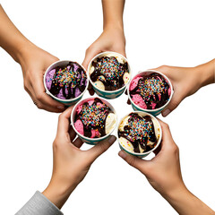 Four hands holding ice cream cups with colorful scoops and chocolate sauce. The background is transparent, emphasizing the dessert.