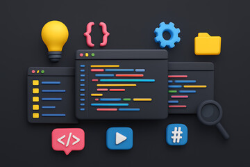 Dark themed 3D illustration of software development with code windows, light bulb, curly braces, gear, folder, code tag, play button, hashtag, and magnifying glass