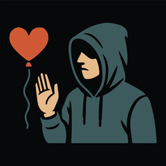 Sad Hooded Boy Letting Go of Heart Balloon Symbolizing Breakup and Emotional Goodbye