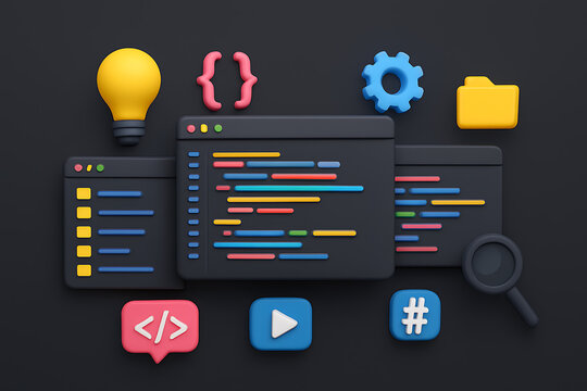 Dark themed 3D illustration of software development with code windows, light bulb, curly braces, gear, folder, code tag, play button, hashtag, and magnifying glass