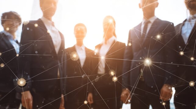 Business Team Connected by Digital Network with Light Nodes Concept