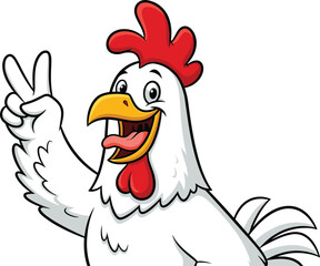 Cartoon white chicken character smiling with peace sign, red comb, open beak, friendly gesture, poultry theme vector illustration for kids