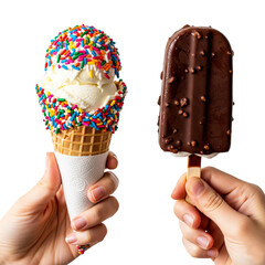 Two hands holding ice cream treats. One hand holds a cone with vanilla ice cream topped with colorful sprinkles. The other hand holds a chocolate-covered ice cream bar.