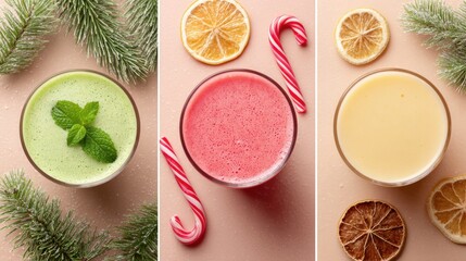 Festive holiday drinks assortment with peppermint and citrus decorations in pastel setting, Christmas cocktails