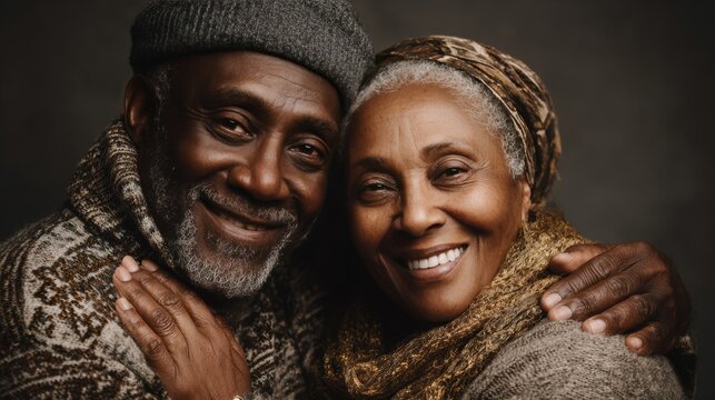 Happy senior African American couple smiling and embracing together in cozy winter clothes