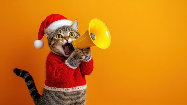 Funny tabby cat wearing santa hat and red sweater shouting through yellow megaphone on orange background