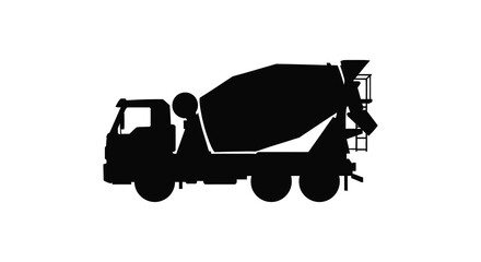 A stark black silhouette of a concrete mixer truck on a white background representing construction and industry silhouette