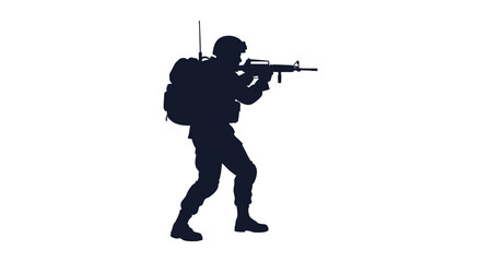 A lone soldier in silhouette holding a rifle and wearing a backpack in a defensive stance silhouette